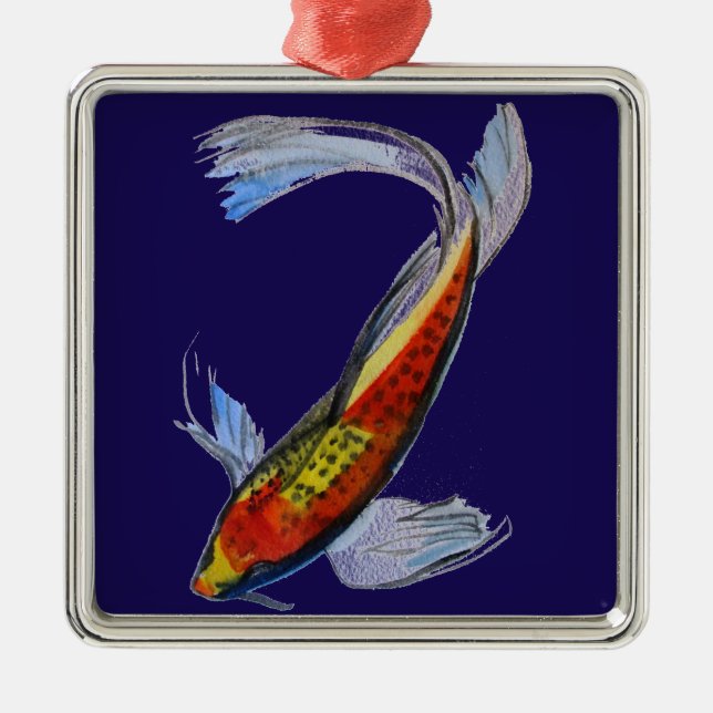Orange Koi Japanese watercolour carp art Metal Tree Decoration (Front)