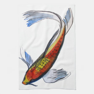 Orange Koi Japanese watercolour carp art Tea Towel