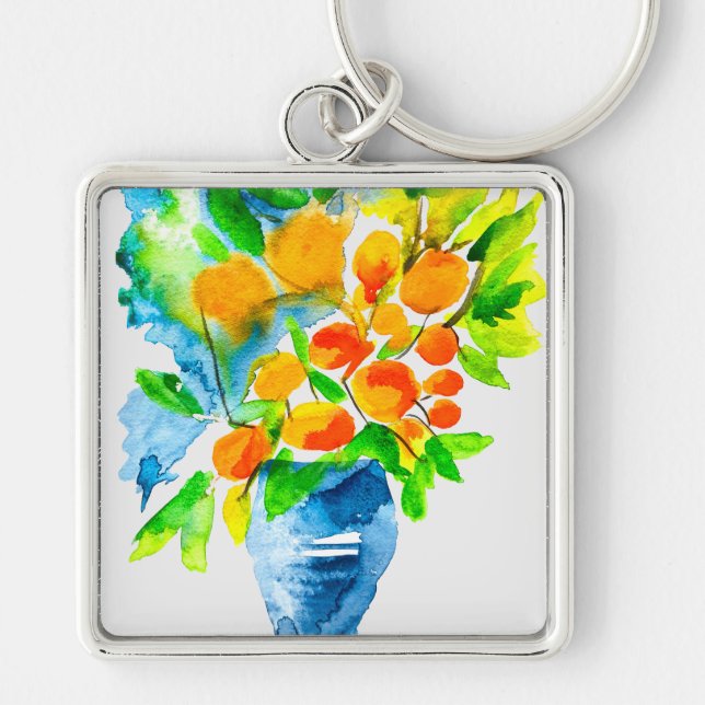 Orange kumquat fruit art watercolor key ring (Front)
