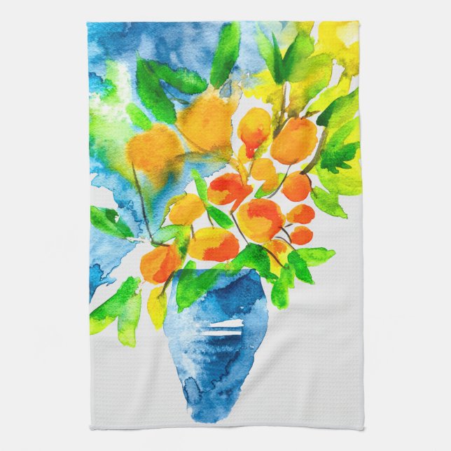 Orange kumquat fruit art watercolor tea towel (Vertical)