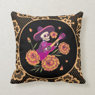 Orange Lace & Floral Sugar Skeleton Skull Gothic Cushion