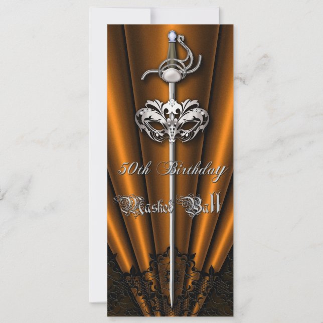 Orange Lace Masquerade Silver 50th Birthday Invitation (Front)