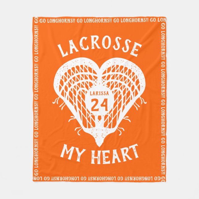 Orange Lacrosse My Heart Fleece Blanket (Front)