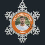 Orange Lacrosse Player Photo High School Snowflake Pewter Christmas Ornament<br><div class="desc">This cool customized high school lacrosse player photo gift features white typography of your team and player name on an orange snowflake Christmas ornament with a ball and rackets icon. Personalize with your athlete's photograph and class year as a proud sports parent.</div>