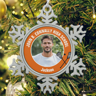 Orange Lacrosse Player Photo High School Snowflake Pewter Christmas Ornament