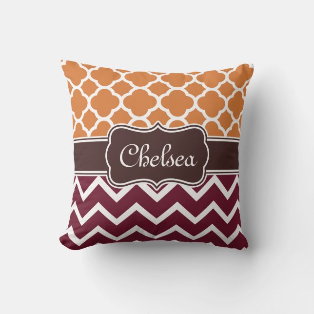 Orange Lattice Maroon Chevron Patterns Brown Name Cushion (Front)