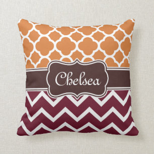 Orange Lattice Maroon Chevron Patterns Brown Name Cushion
