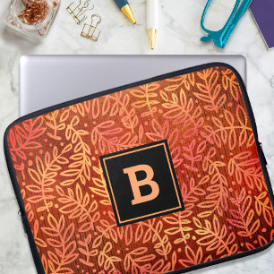 Orange leaf pattern monogram modern bold botanical laptop sleeve