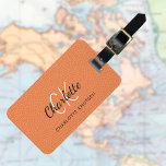 Orange leather monogram name luggage tag<br><div class="desc">Orange faux leather print as background. Personalise and add your first name,  monogram letters and full name on the front. Your contact information on the back.  Black text.</div>