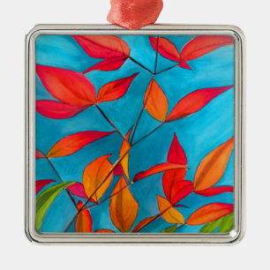 Orange leaves Autumn original watercolour art Metal Tree Decoration
