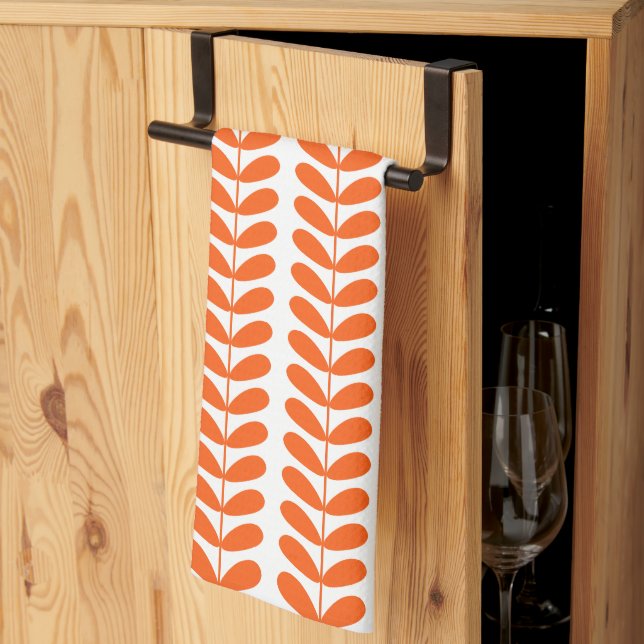 Orange Leaves On Plant Retro Mid Century Pattern Tea Towel (Thirds Fold)