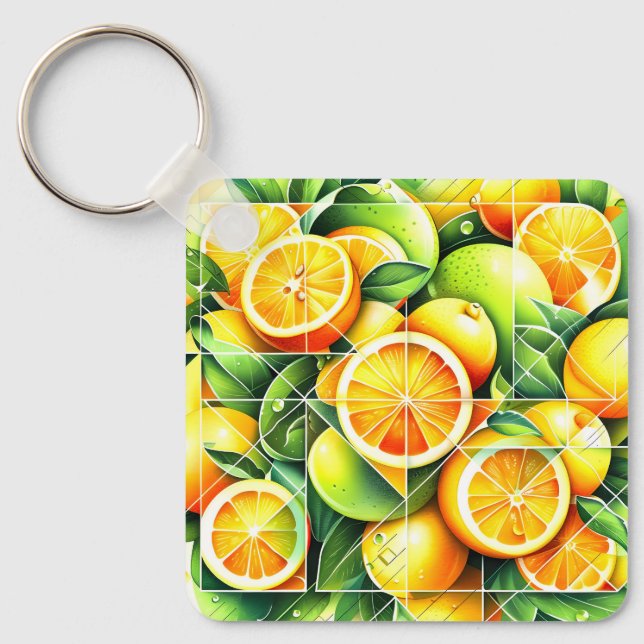 Orange Lemon Botanical Citrus Geometric Key Ring (Front)