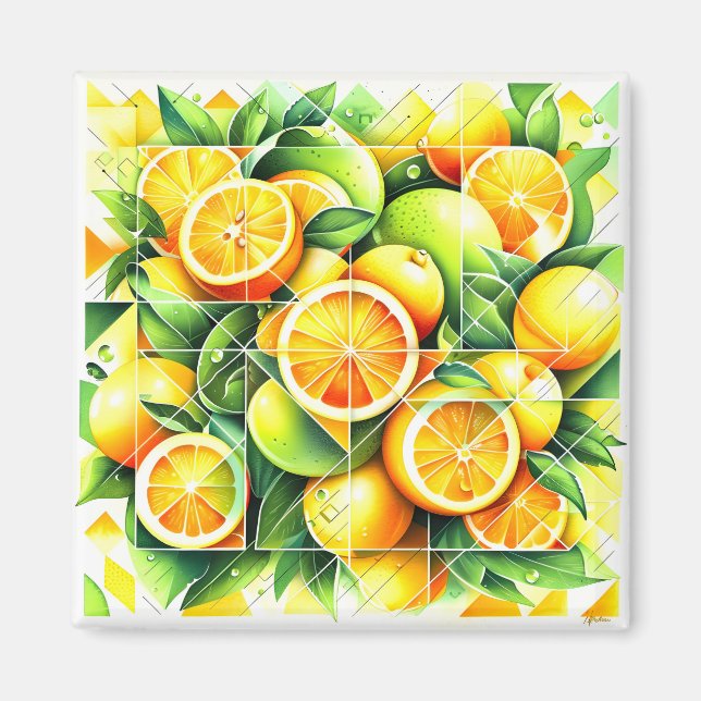 Orange Lemon Botanical Citrus Geometric Magnet (Front)