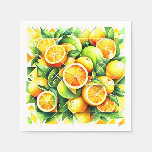 Orange Lemon Botanical Citrus Geometric Napkin (Front)
