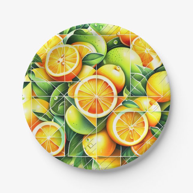 Orange Lemon Botanical Citrus Geometric Paper Plate (Front)