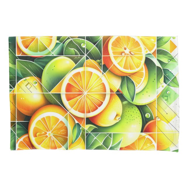 Orange Lemon Botanical Citrus Geometric Pillowcase (Front)