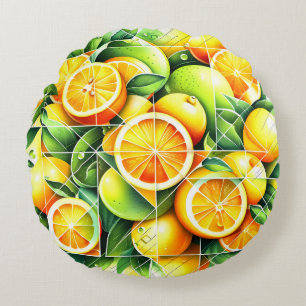 Orange Lemon Botanical Citrus Geometric Round Cushion