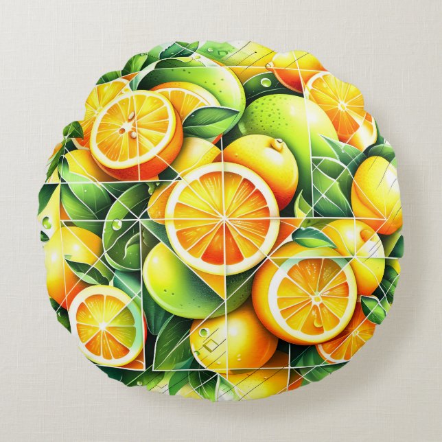 Orange Lemon Botanical Citrus Geometric Round Cushion (Front)