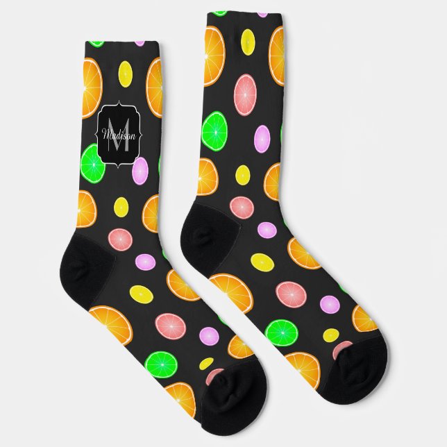 Orange lemon grapefruit summer pattern Monogram Socks (Right)