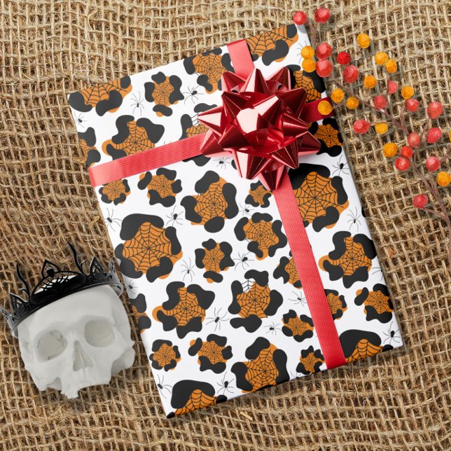 Orange Leopard Print Spider Pattern Halloween Wrapping Paper (Creator Uploaded)