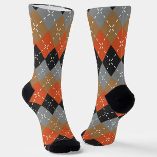 Orange Light Grey Tan Off Black Argyle Socks