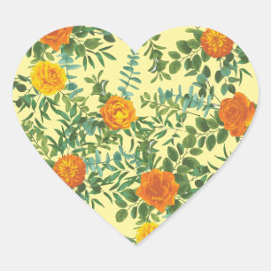 Orange & Light Yellow Peony & Rose Floral Wedding Heart Sticker