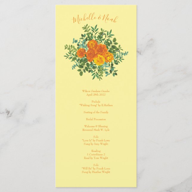 Orange Light Yellow Peony Rose Wedding Programs (Front)