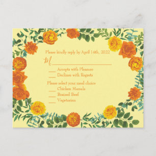 Orange & Light Yellow Peony Rose Wedding Reply Postcard