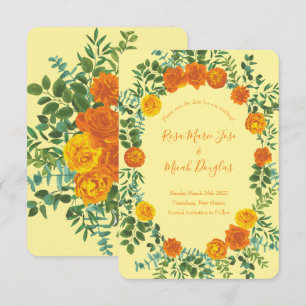 Orange & Light Yellow Peony Rose Wedding Save Date Invitation