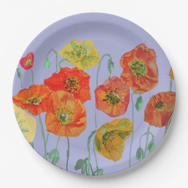Orange Lilac Purple Poppy Flower Floral Pattern Paper Plate (Front)