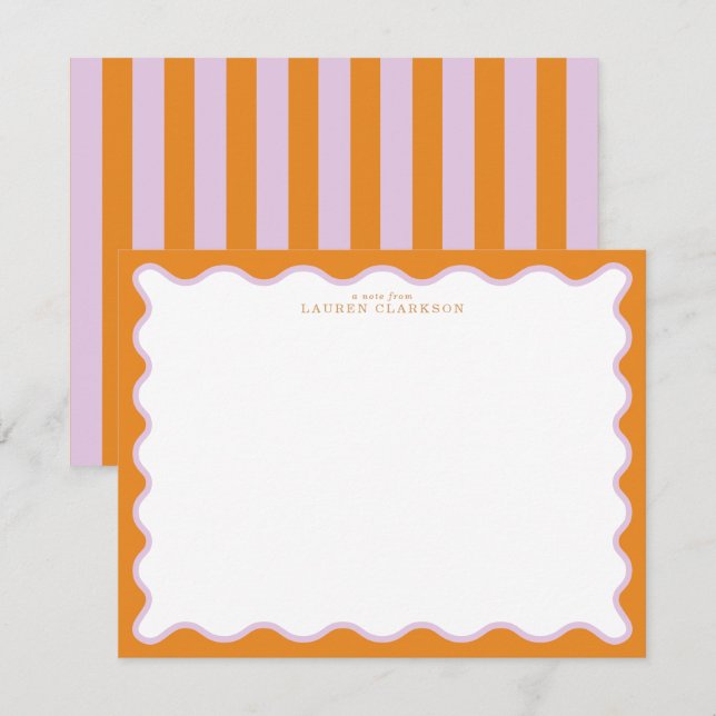 Orange & Lilac Wavy Frame Note Card with Striped E (Front/Back)