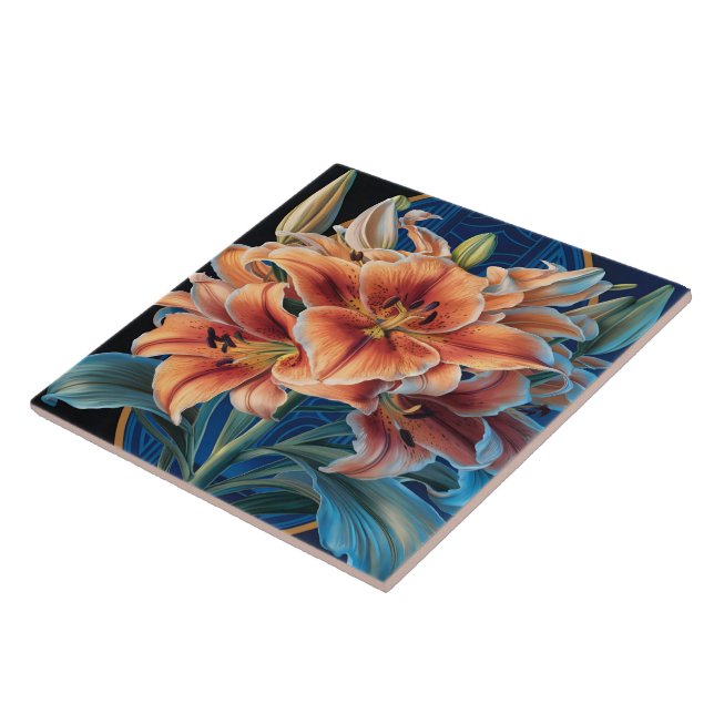 Orange Lilies Bloom on Blue Ceramic Tile (Side)