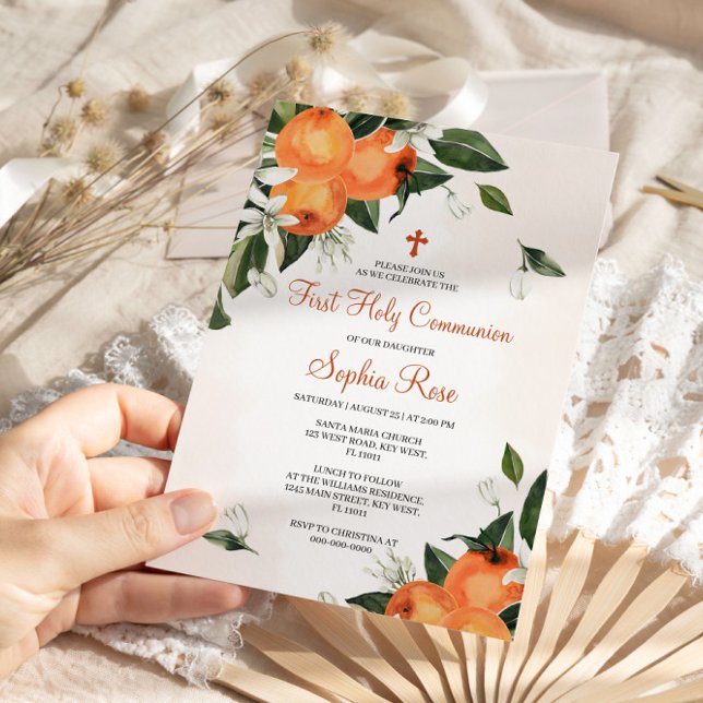 Orange & Lilies Floral First Holy Communion Invitation (Creator Uploaded)