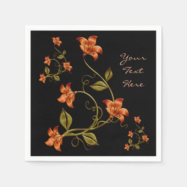 Orange Lillies Floral Pattern Black Napkins (Front)