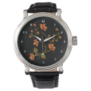 Orange Lillies Floral Pattern Black Wrist Watch