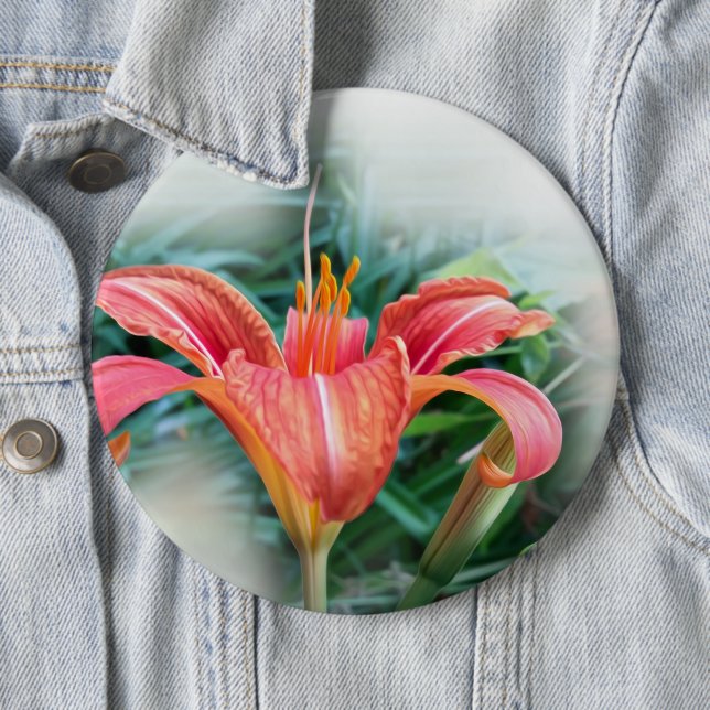 orange lily 6 cm round badge (In Situ)