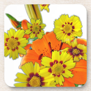 orange lily and daisy flowers coaster