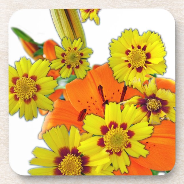 orange lily and daisy flowers coaster (Front)