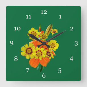 orange lily and daisy flowers square wall clock