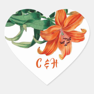 Orange Lily Floral Elegant Wedding Heart Sticker
