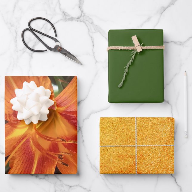 Orange Lily Flower Photo with Solid Green Glitter  Wrapping Paper Sheet (Front)