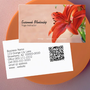 Orange Lily Photo Yoga Instructor QR Code Custom Business Card