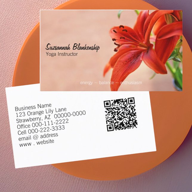 Orange Lily Photo Yoga Instructor QR Code Custom Business Card (business card front and back design with qr code)