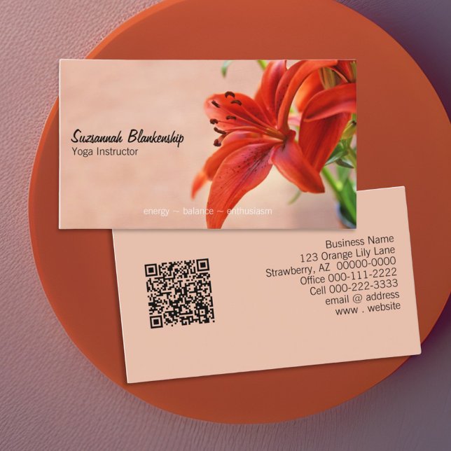 Orange Lily Photograph Yoga Instructor QR Code Business Card (business card front and back design)