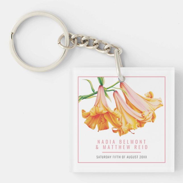 Orange Lily Wedding personalized guest keepsake Key Ring (Front)