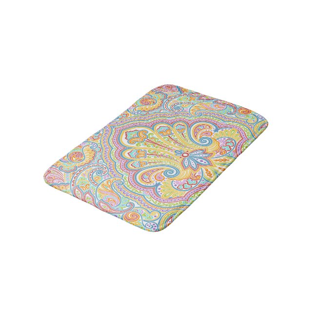 Orange Lime Green Pink Paisley Floral Art Motif Bath Mat (Angled)