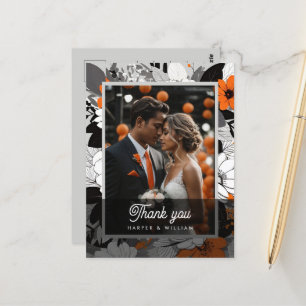 Orange lineart flowers wedding photo thank you postcard