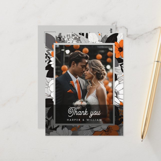 Orange lineart flowers wedding photo thank you postcard (Front/Back In Situ)