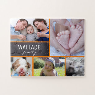 Orange Lines Collage family photos and name Jigsaw Puzzle