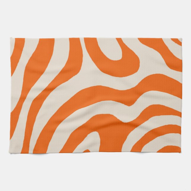 Orange Liquid Swirl Flow Groovy Stripe Y2K Pattern Tea Towel (Horizontal)